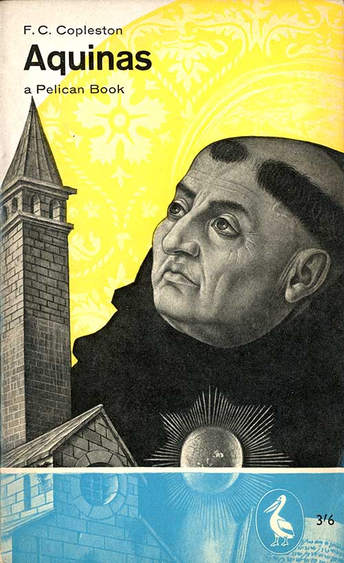Antique engraving of St Aquinas, with tower